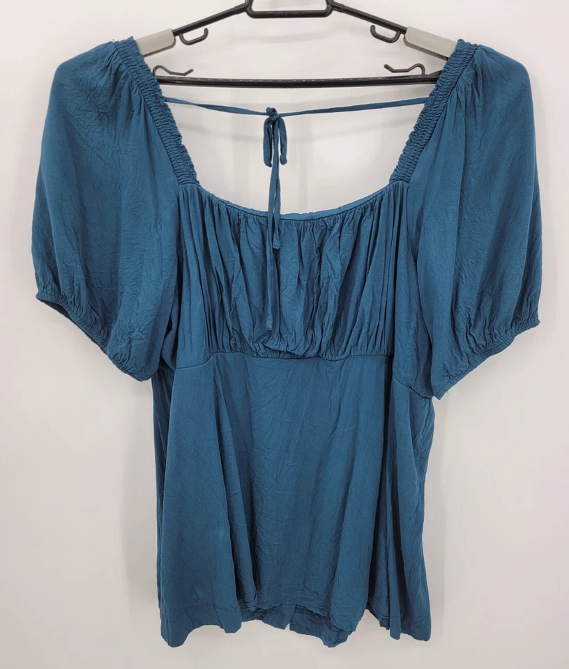 Torrid Top Womens Plus 2X Blue Peplum Puff Sleeve Babydoll Boho Tie Back Blouse - Image 2 of 4