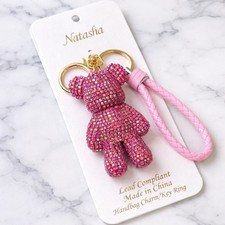 Natasha Pink Rhinestone Teddy Bear Handbag Charm Key Ring Braided Strap Bling