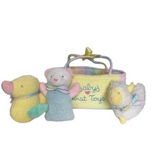 VTG Eden Baby's First Toys Lamb Duck Bear Rattle Basket Pastel Terry Cloth 4 Pc
