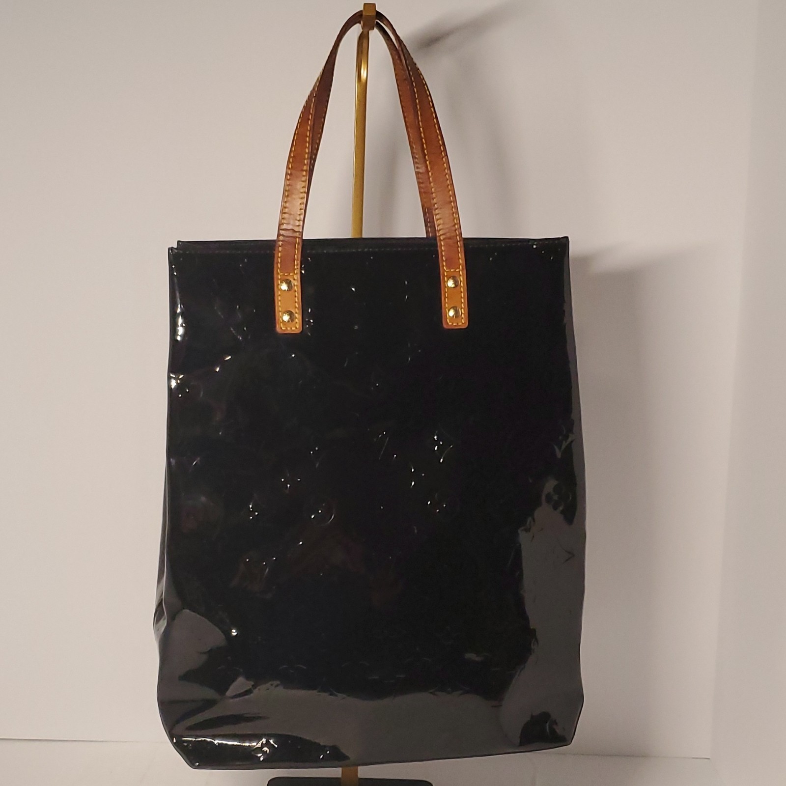 Louis Vuitton Monogram Black Patent Tote Bag Gold Hardware Purple Lining