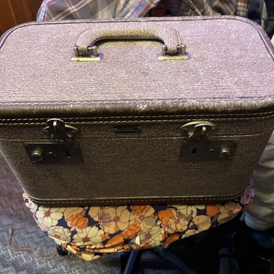 TRAIN CASE MAKEUP COSMETIC RARE VINTAGE GRAY SILVER LUGGAGE SUITCASE MIRROR