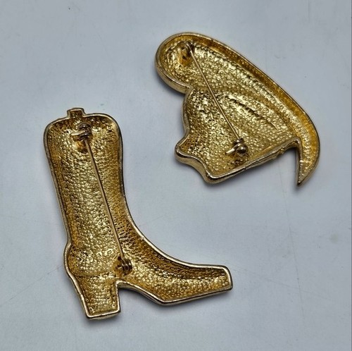 Lot of 2 Western Mates Brooches Layered 18K Gold Hand Painted Enamel Cowgirl Pin - Picture 4 of 5