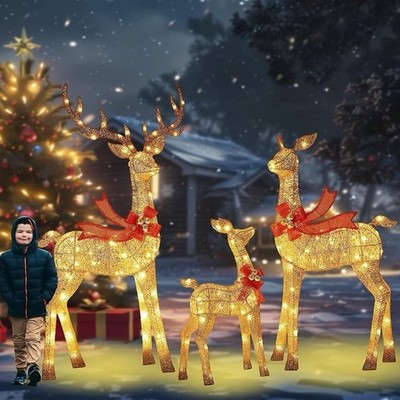 58 Inch 3D Gold Large Lighted Christmas Deer Decorations 3-Piece 