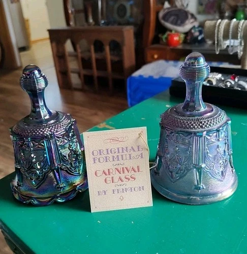 2 FENTON Iridescent Amethyst & Plum 5.5" Carnival Glass BELLs Gothic Sable Arch.