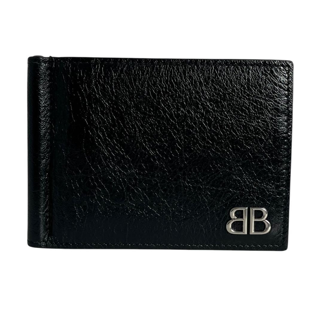 BALENCIAGA Moneyclip Cardcase BB Logo Grained Leather Black
