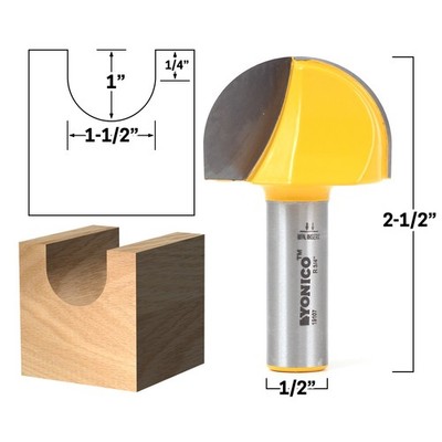 1-1/2'' Diameter Core Box Router Bit - 1/2'' Shank - Yonico 19107