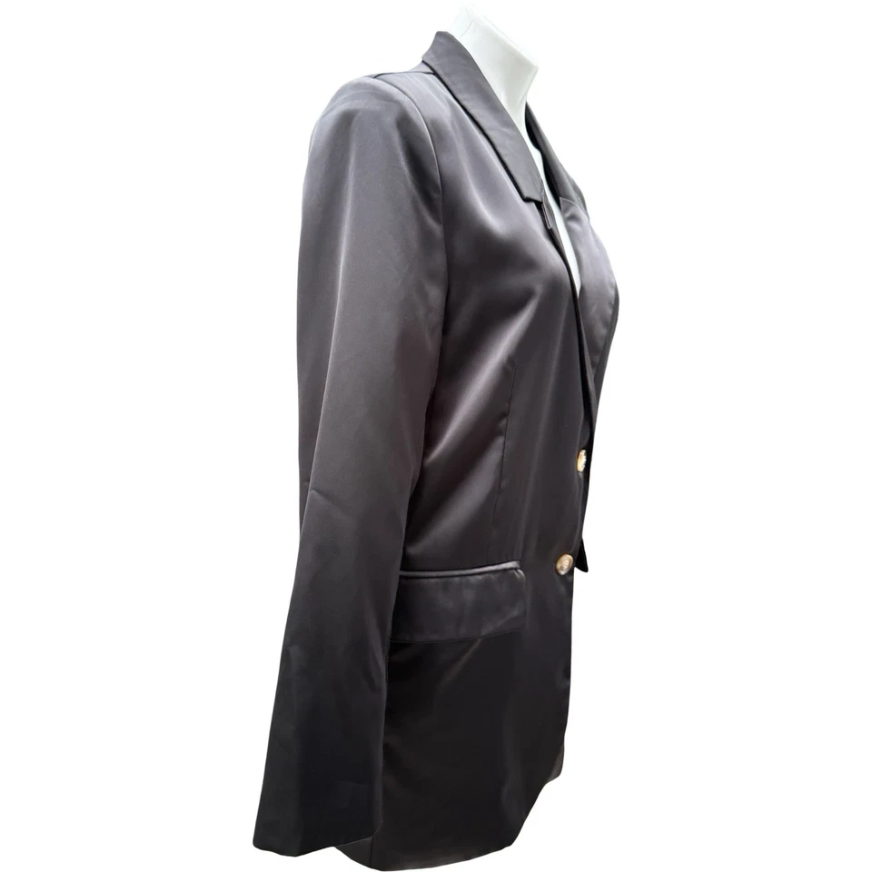 Blazer Glam Negro Satinado Mujer Pequeño Botón Dorado Longline Elegante Chaqueta Talla S Foto 3 de 4