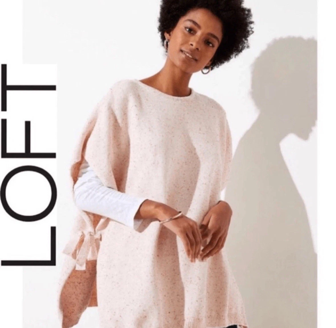 LOFT Pink Speckled Cotton Knit Poncho with Bow Accents Size M/L New with Tags