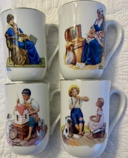 Norman Rockwell 1983 Collector's Set 24 Karat Gold Trim 4 Mugs In Original Box