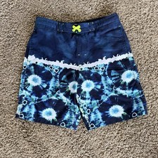 wonder nation Navy Blue Tie-Dye Swim Shorts with Aqua Accents Husky 10-12