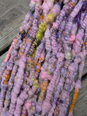 handspun Art Yarn coils spun merino wool purple gold lace Saori weaving felt
