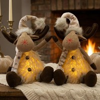 2X Elch Mit Led 27Cm (40Cm) Sitzend Deko Figur Rentier Leuchtet Weihnacht Timer