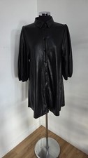 ZARA Black Faux Leather Shirt Dress Size M Collared Short Button Front Womens  