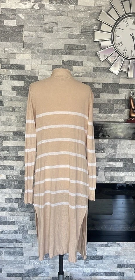 Cárdigan Max Studio Mezcla de Lino Plumero Frente Abierto Rayas Beige/Blanco XL Foto 2 de 4