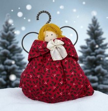 Fabric Holly Angel Christmas Tree Ornament Red Gown Handmade Folk Art Holiday