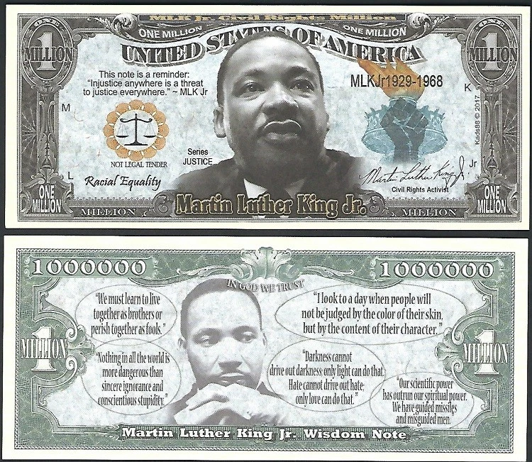 new Martin Luther King Million Dollar Bill Funny Money Novelty Note +FREE SLEEVE