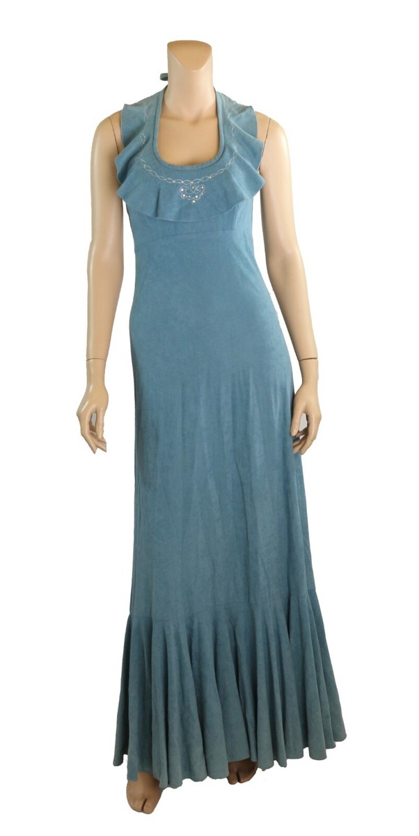 blue suede prom dress Nadine Vintage 70s Blue Micro suede Ruffle Halter Party Prom Maxi Dress sz  5/6