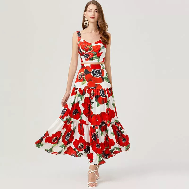 Vestido Completo Mujer Conjunto Traje Top Camisa Falda Roja Flores Satén 07756