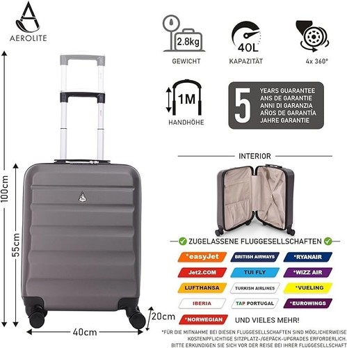 55x40x20 Handgepäck Koffer 4 Rollen Leicht Hartschale Passend Lufthansa 55x40x23 - Bild 2 von 6