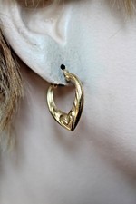 14K YELLOW GOLD 7/8" HEART DESIGN HOOP EARRINGS 1.8 GRAMS