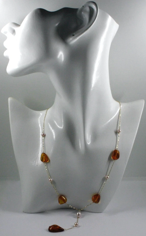 Collar Lariat Oro Amarillo 18k 18" Alterno Ámbar Natural Pepitas Morado Perla Foto 3 de 4