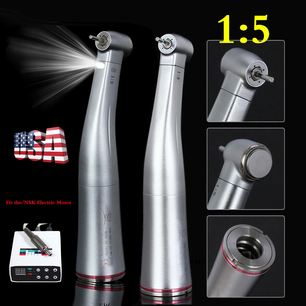 US Dental 1:5 Increasing Contra Angle (LED) Handpiece Fit NSK Electric Motor OR