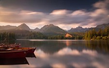 Landscape mountains boat trees lake clouds house sky Custom Gaming Mat Desk