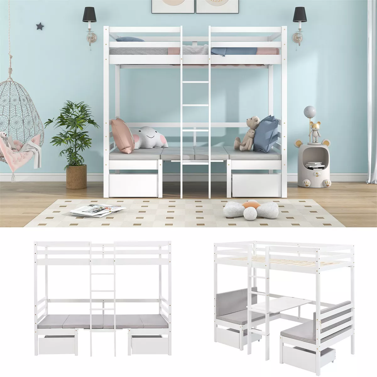 3ft Storage Bed Frame Bunk Beds Kids Loft Bed High Sleeper w Desk Chairs SY
