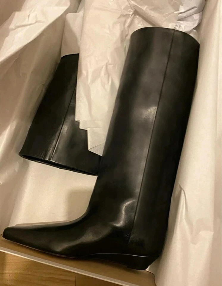 Botas longas femininas Khaite botas largas comprimento do joelho couro cavaleiro botas planas pretas - Imagem 2 de 4