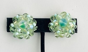 Faceted Pale Green Crystal Beaded Cluster Clip On Earrings Marked "Germany"