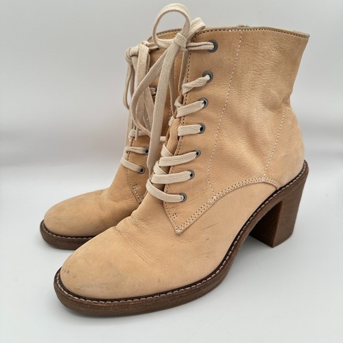 Lucky Brand Borelis Ankle Boots Womens Size 7.5M/38 Brown Leather Block Heel Zip