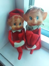 Lot 2 Vintage Elf Knee Hugger Christmas Figurine Pixie Bell On Hat Felt Plastic 
