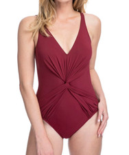 PROFILE BY GOTTEX MERLOT TUTTI FRUTTI CENTER RUCHED V-NECK ONE PIECE SWIMSUIT 16