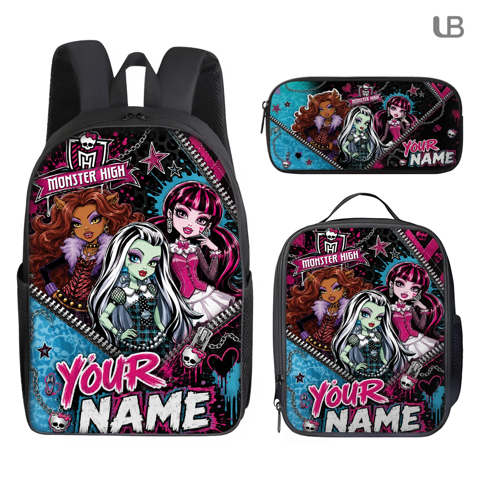Personalized Monster High Backpack Set, Custom Name School Bag, Lunch Bag