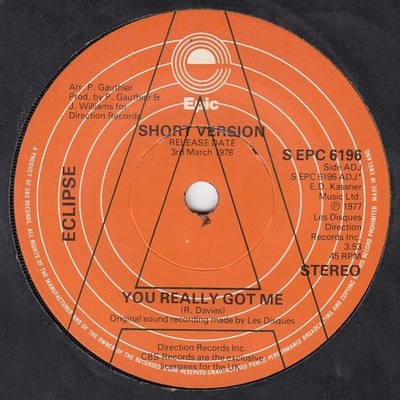 Eclipse - You Really Got Me - Used Vinyl Record 7 - Promo - F7294z