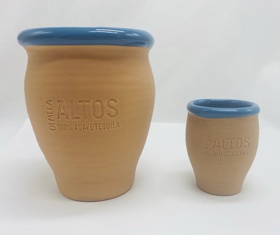OLMECA ALTOS 100% AGAVE TEQUILA TERRA COTTA  POTTERY 4.5  CUP &  2.5  SHOT GLASS