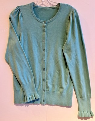 TALBOTS Women's Puff Sleeve Button-Up Cardigan Sweater, Ruffed Cuffs. Size S.