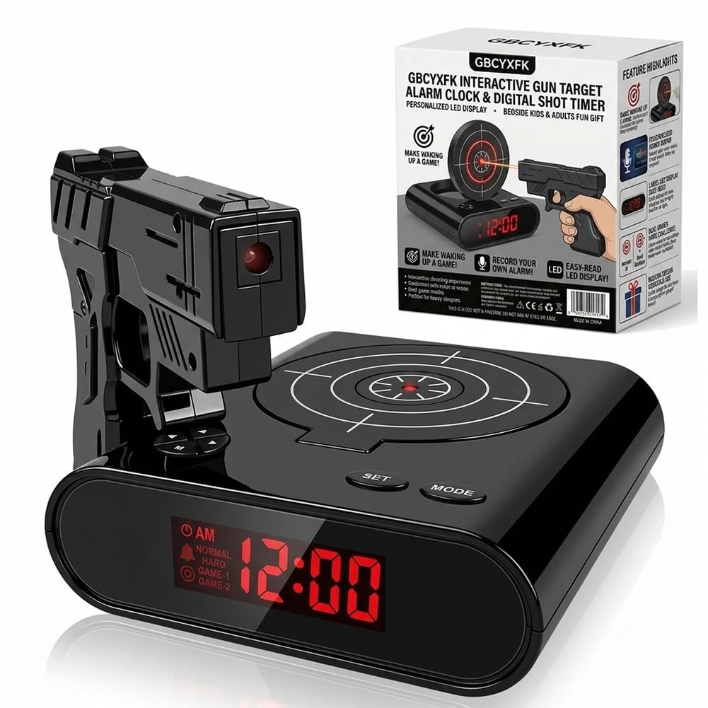 Shoot to Wake Gun Alarm Clock, Shooting Game Timer, LED, Fun Gift Kids/Adults