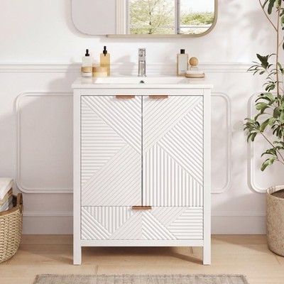 24in Bathroom Vanity Sink Combo White Single Hole Drawer Pine Legs Soft Close