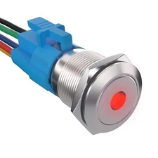 Push Button Switch 19mm 12V-24VDC Latching Stainless Steel with Wire Red