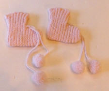 Vintage Hand Knitted Baby Girl Pink Booties with Pom Pom Ties Newborn Size