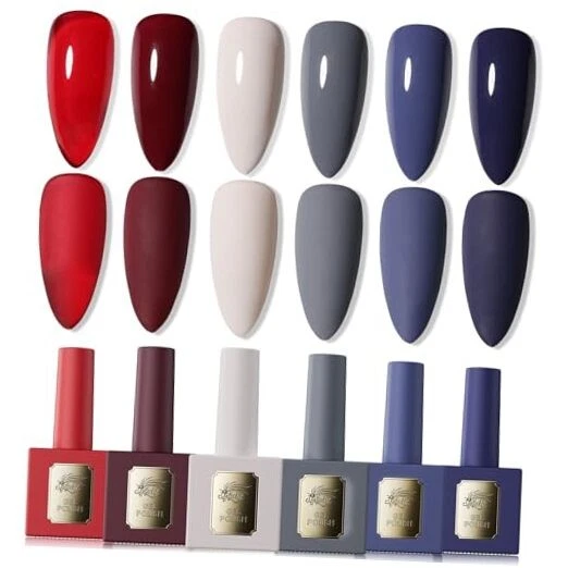 6Pcs 12ml Gel Nail Polish Set with Red White Blue, Gel Polish Kit Rich Tones