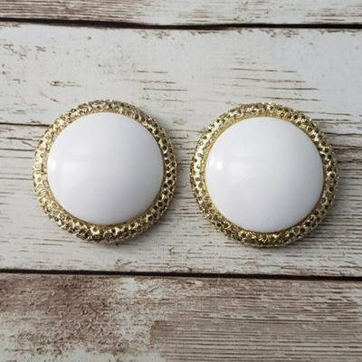 Vintage Clip On Earrings Large White Circle with Patterned Gold Tone Halo