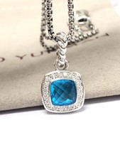 David Yurman Sterling Silver 7mm Albion Necklace with Blue Topaz and Diamonds
