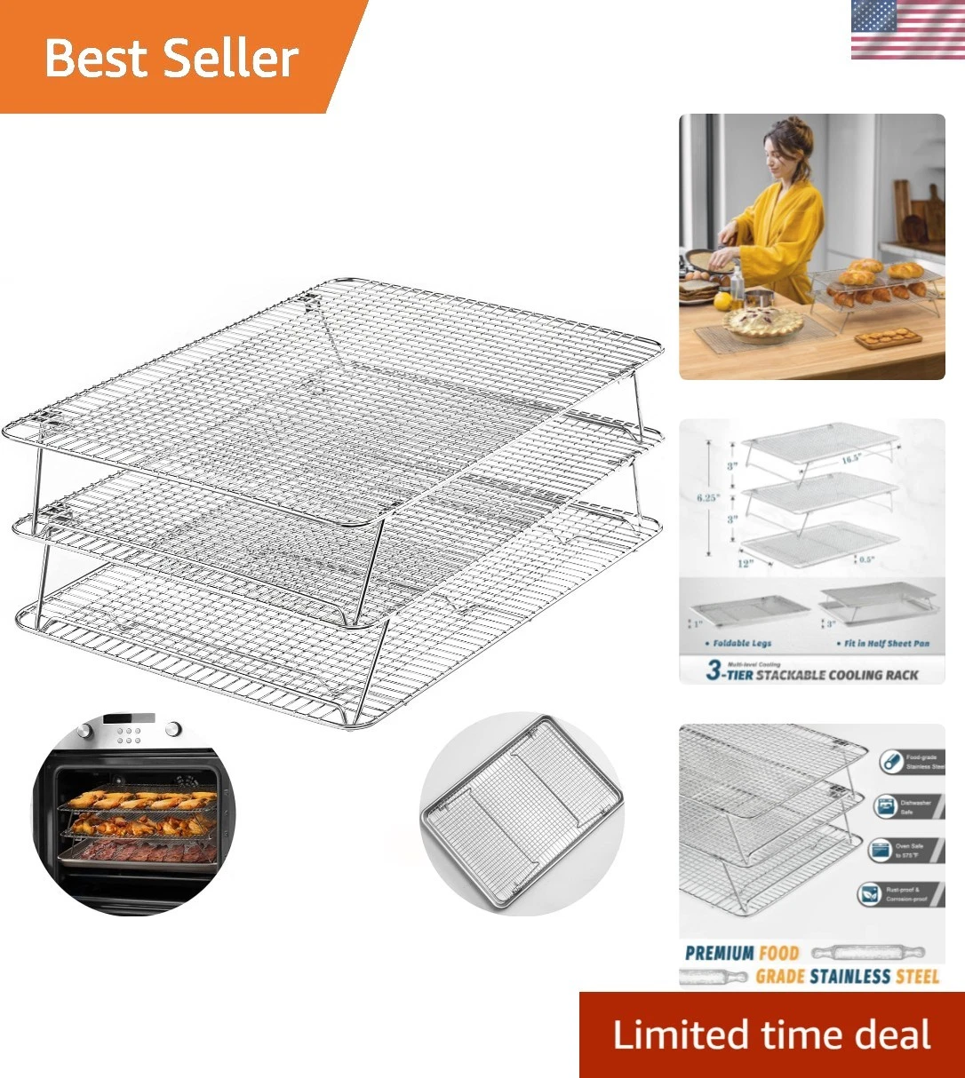 Versatile 3-Tier Stainless Steel Cooling Rack 12”x16.5” for Baking & Cooking