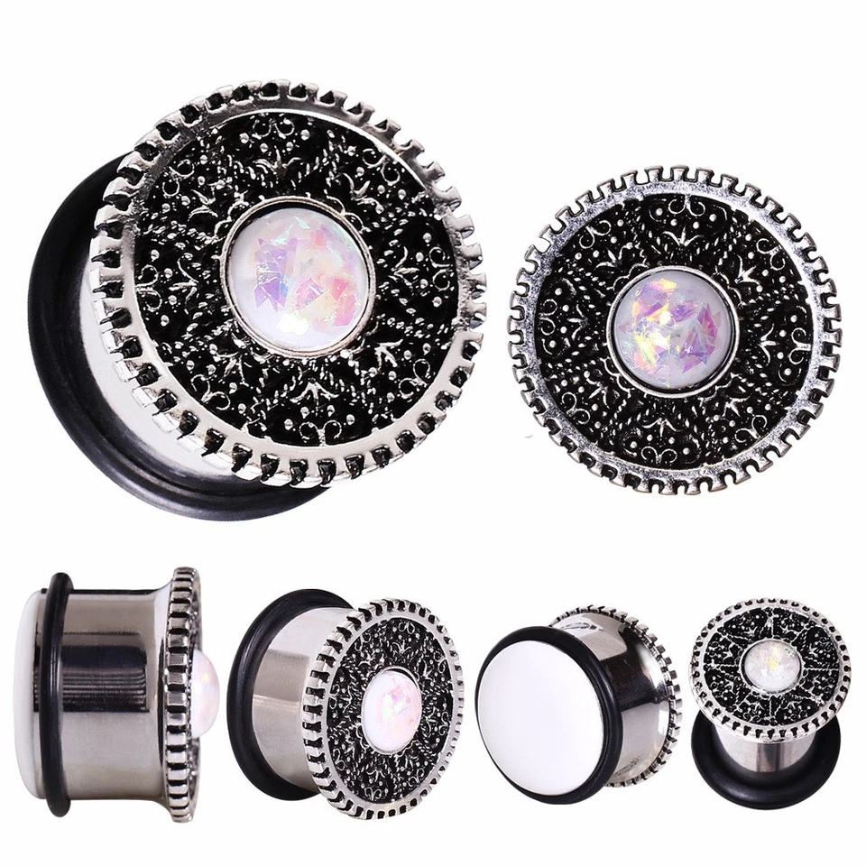 ПАРА 316L хирургической стали стимпанк сложный Gear с опал штепсельная вилка - Изображение 2 из 4