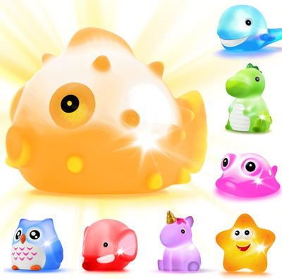 Bath Toys, 8 Pcs Light Up Floating Rubber Animal Toys Set, Flashing Color Changi