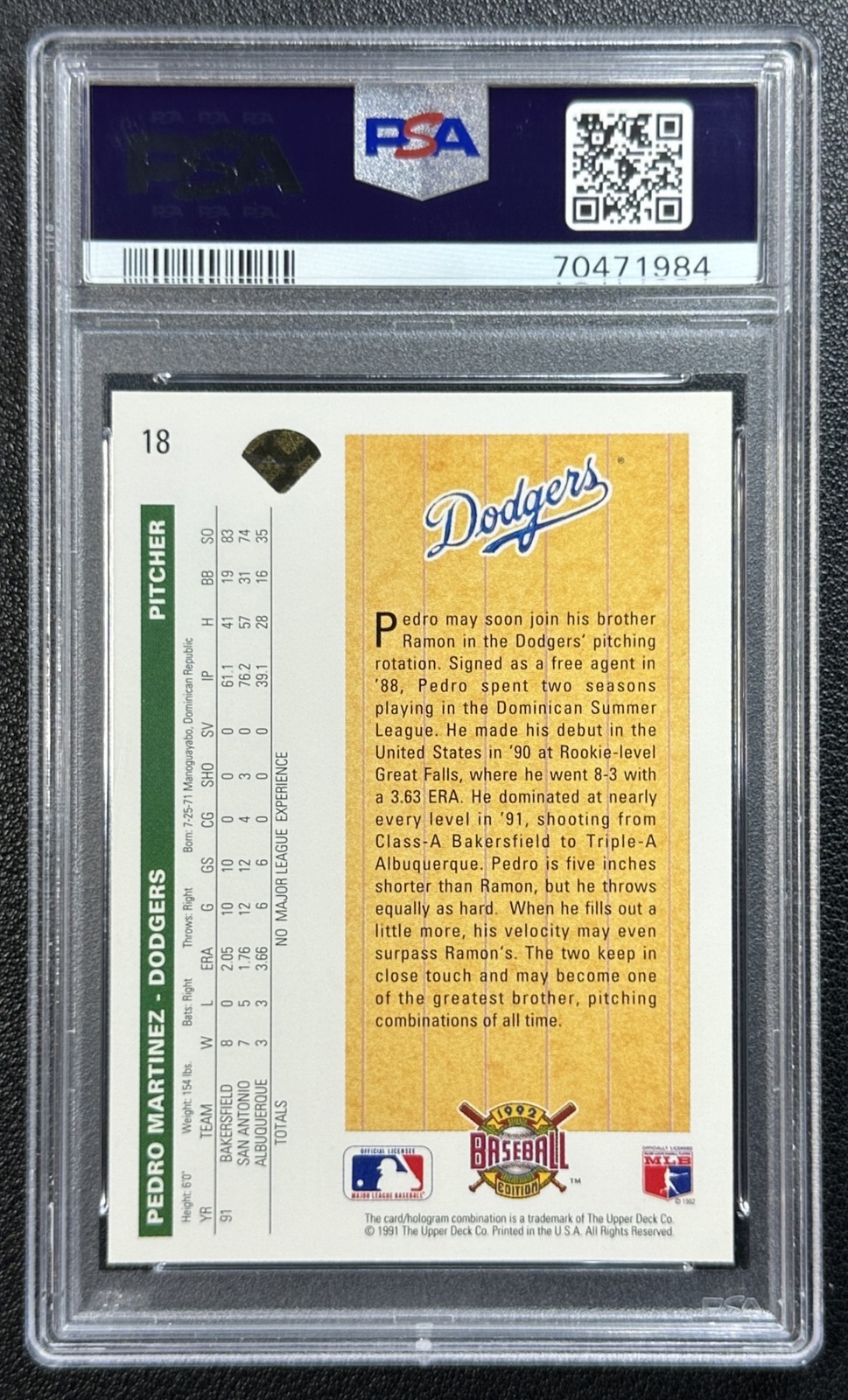 PEDRO MARTINEZ PSA 10 1992 UPPER DECK #18 GOLD HOLOGRAM DODGERS HOF 984 view 2