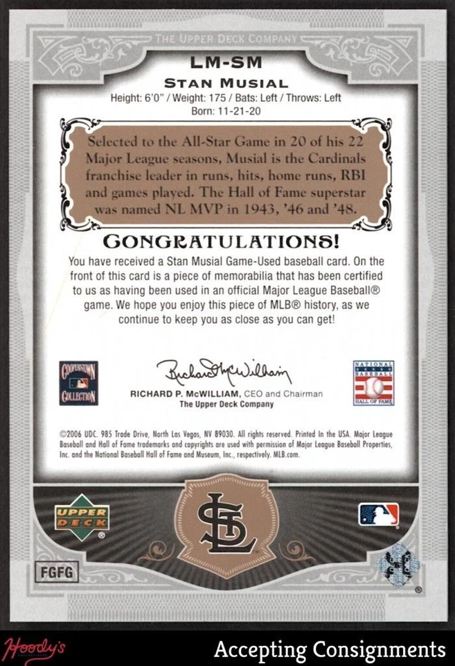 2006 SP Legendary Cuts Material Bronze Stan Musial GAME USED BAT 07/99 CARDINALS - Image 2 of 2