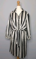 New Look Women's Striped Collared Shirt Dress Size 16 Knot Front Black Ivory